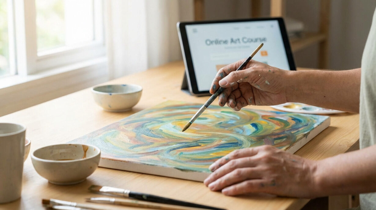 Mains peignant une toile abstraite colorée, pinceau à la main. Une tablette affiche "Online Art Course". Représente la formation artistique et l'art-thérapie à distance.