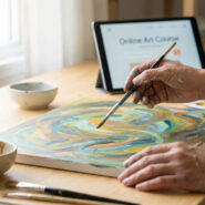 Mains peignant une toile abstraite colorée, pinceau à la main. Une tablette affiche "Online Art Course". Représente la formation artistique et l'art-thérapie à distance.