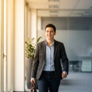 Personne souriante et confiante marchant dans un couloir de bureau lumineux, tenant une mallette, symbolisant une reprise positive.