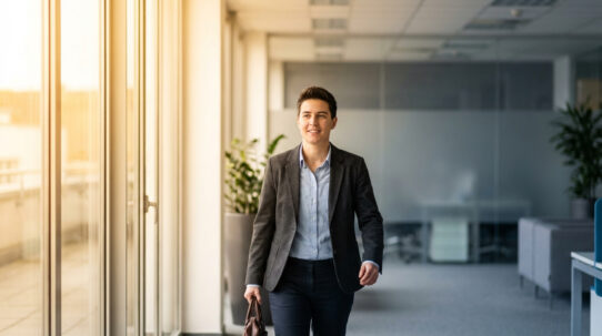 Personne souriante et confiante marchant dans un couloir de bureau lumineux, tenant une mallette, symbolisant une reprise positive.