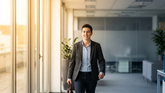 Personne souriante et confiante marchant dans un couloir de bureau lumineux, tenant une mallette, symbolisant une reprise positive.