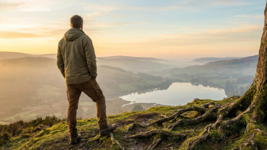 Homme de dos au sommet d'une colline, contemplant une vallée avec lac et montagnes brumeuses au coucher du soleil. Racines d'arbre apparentes.