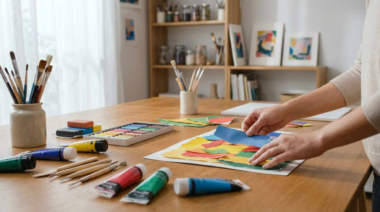 Mains créant un collage avec du papier coloré sur une table en bois remplie de matériel d'art-thérapie : pinceaux, tubes de peinture, pastels.