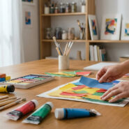 Mains créant un collage avec du papier coloré sur une table en bois remplie de matériel d'art-thérapie : pinceaux, tubes de peinture, pastels.