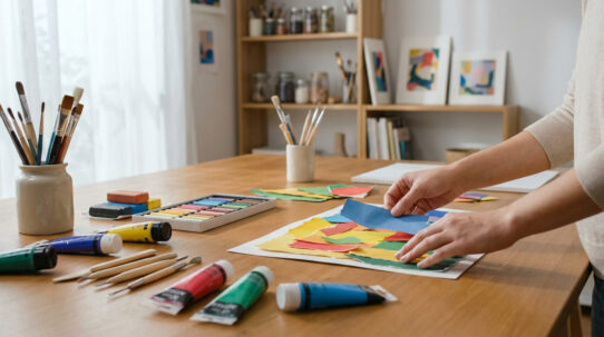 Mains créant un collage avec du papier coloré sur une table en bois remplie de matériel d'art-thérapie : pinceaux, tubes de peinture, pastels.