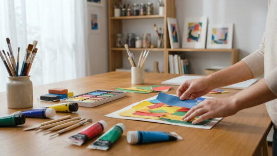 Mains créant un collage avec du papier coloré sur une table en bois remplie de matériel d'art-thérapie : pinceaux, tubes de peinture, pastels.