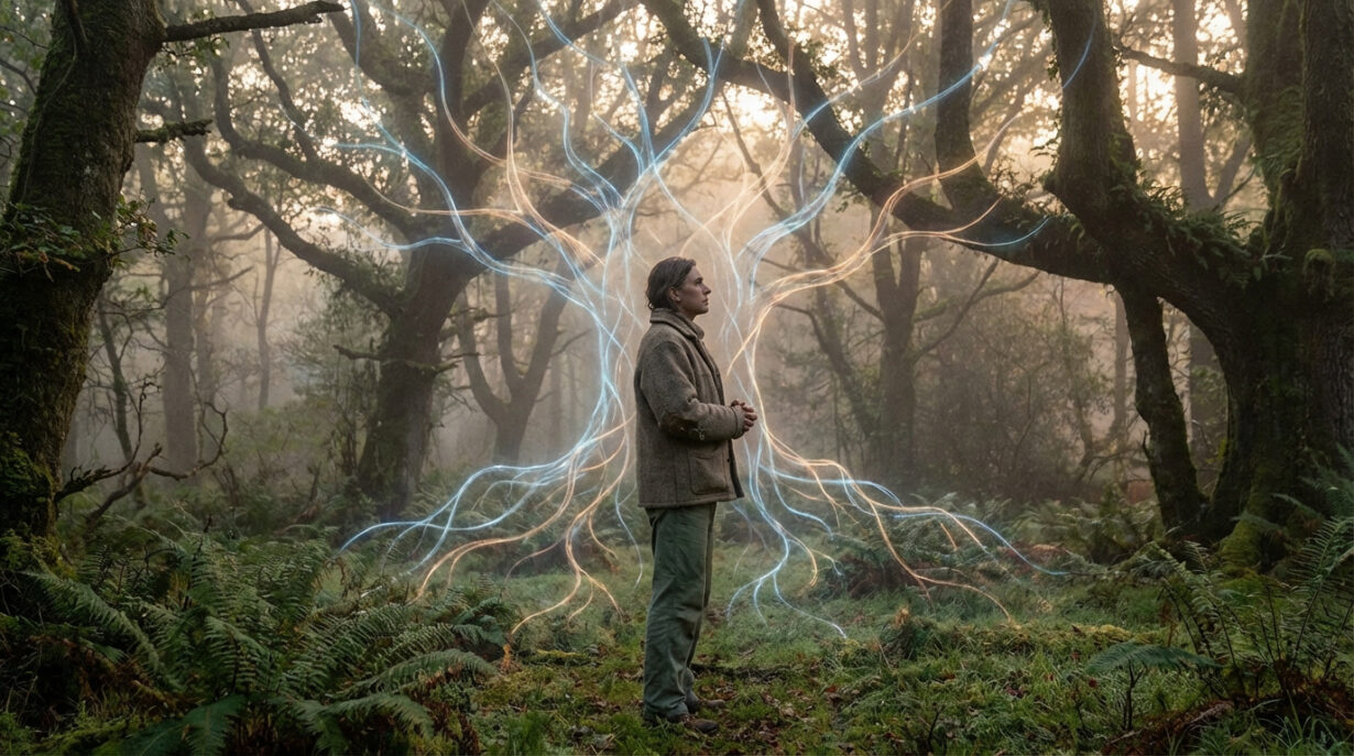 Homme dans une forêt brumeuse, un arbre lumineux aux racines et branches bleues/or le connecte à l'héritage transgénérationnel.