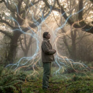Homme dans une forêt brumeuse, un arbre lumineux aux racines et branches bleues/or le connecte à l'héritage transgénérationnel.