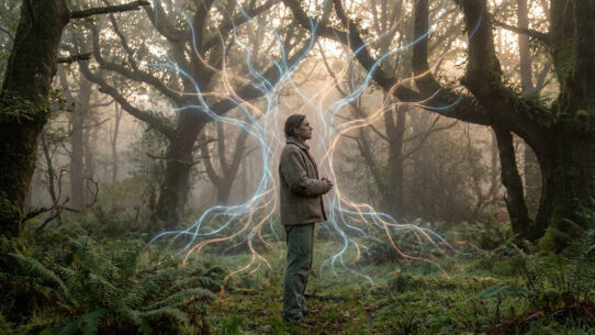 Homme dans une forêt brumeuse, un arbre lumineux aux racines et branches bleues/or le connecte à l'héritage transgénérationnel.