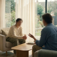 Deux personnes en conversation thérapeutique dans un salon lumineux avec bibliothèque et vue sur jardin. Ambiance sereine.