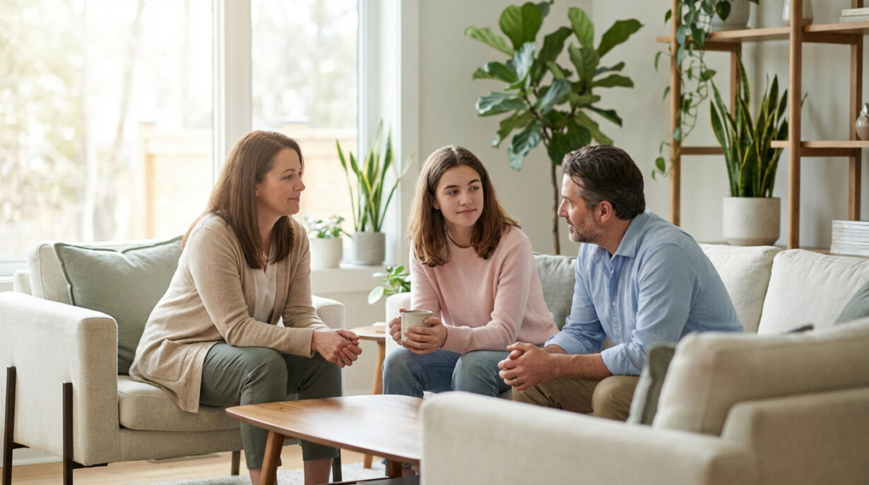 Famille (mère, père, fille adolescente) en conversation sereine dans un salon lumineux. La jeune fille tient une tasse.