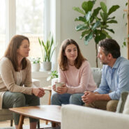Famille (mère, père, fille adolescente) en conversation sereine dans un salon lumineux. La jeune fille tient une tasse.