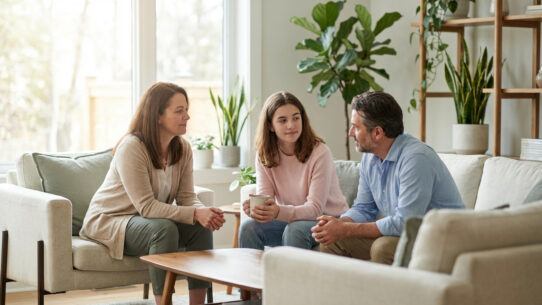 Famille (mère, père, fille adolescente) en conversation sereine dans un salon lumineux. La jeune fille tient une tasse.