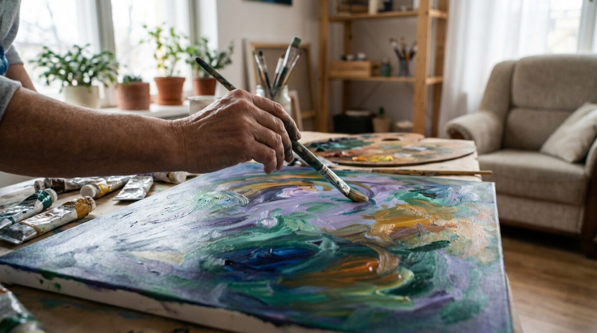 Une main tenant un pinceau peint une toile abstraite aux couleurs vives (vert, violet, jaune). Tubes de peinture visibles sur la table.