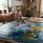 Une main tenant un pinceau peint une toile abstraite aux couleurs vives (vert, violet, jaune). Tubes de peinture visibles sur la table.