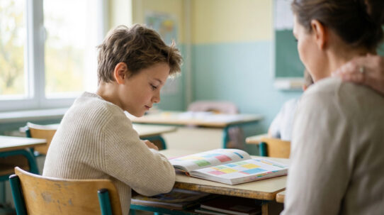 Un jeune élève concentré sur un livre, avec une main adulte posée sur son épaule, dans une salle de classe lumineuse.