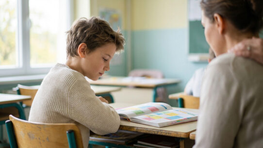 Un jeune élève concentré sur un livre, avec une main adulte posée sur son épaule, dans une salle de classe lumineuse.