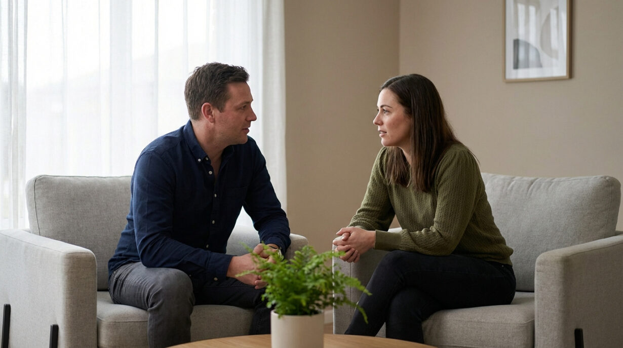 Couple homme-femme en discussion, assis face à face dans des fauteuils gris, avec une plante sur une table basse.