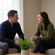 Couple homme-femme en discussion, assis face à face dans des fauteuils gris, avec une plante sur une table basse.