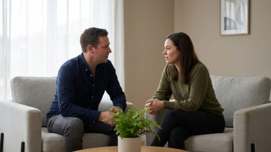 Couple homme-femme en discussion, assis face à face dans des fauteuils gris, avec une plante sur une table basse.