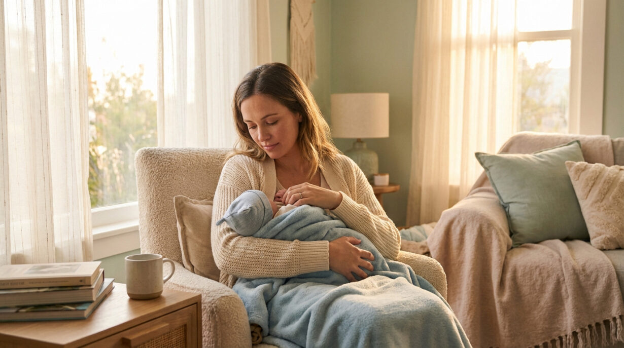 Une jeune mère assise dans un fauteuil tient tendrement son nouveau-né emmailloté dans une couverture bleue, dans une pièce lumineuse.