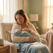 Une jeune mère assise dans un fauteuil tient tendrement son nouveau-né emmailloté dans une couverture bleue, dans une pièce lumineuse.