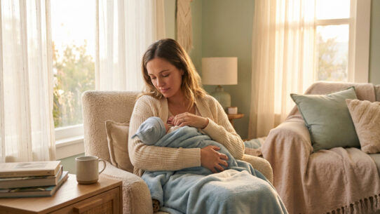 Une jeune mère assise dans un fauteuil tient tendrement son nouveau-né emmailloté dans une couverture bleue, dans une pièce lumineuse.