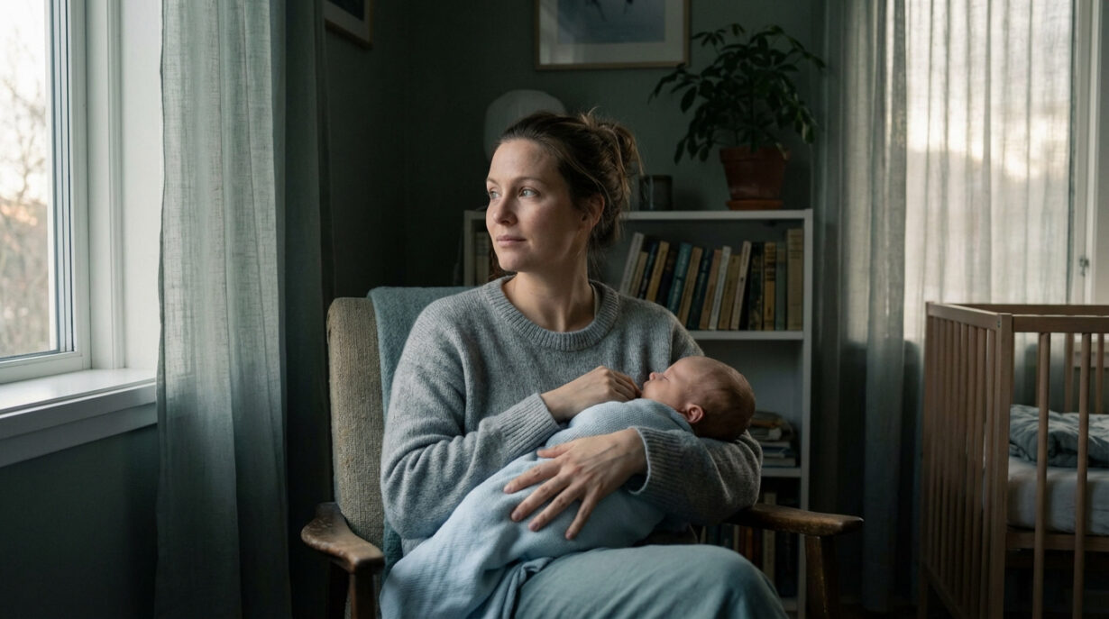 Mère pensive tenant son bébé, regardant par une fenêtre dans une pièce sombre, évoquant la mélancolie maternelle.