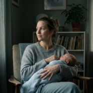 Mère pensive tenant son bébé, regardant par une fenêtre dans une pièce sombre, évoquant la mélancolie maternelle.