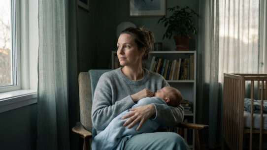 Mère pensive tenant son bébé, regardant par une fenêtre dans une pièce sombre, évoquant la mélancolie maternelle.