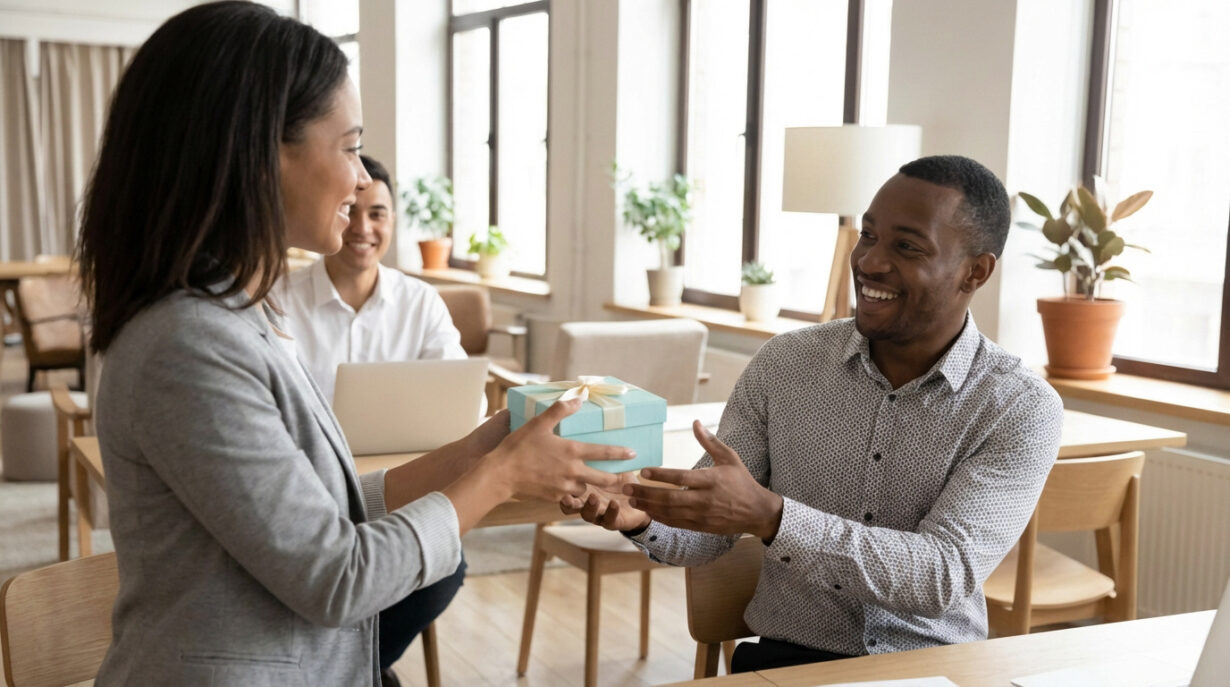 Une femme offre un cadeau à un collègue souriant dans un bureau moderne. Le geste symbolise le bien-être et la reconnaissance.