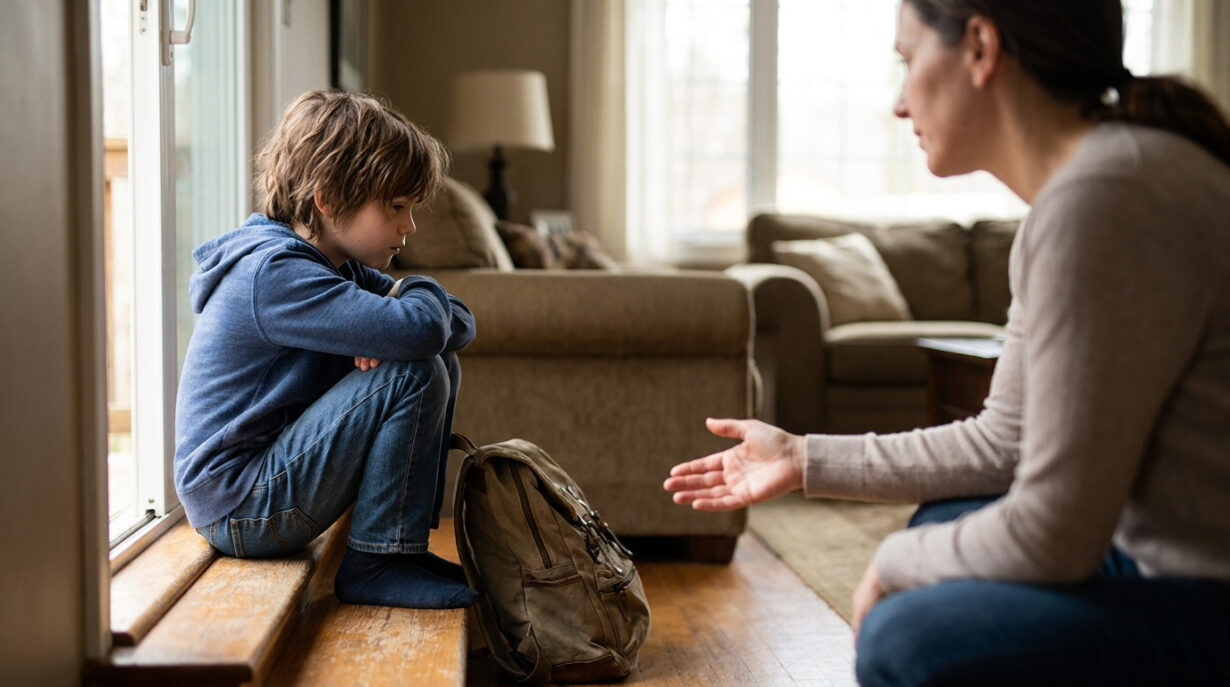 Un jeune garçon accroupi au sol refuse d'aller à l'école, tandis que sa mère lui tend la main avec compassion.