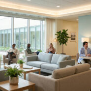 Intérieur moderne d'un centre de santé mentale. Des personnes lisent et conversent dans un espace lumineux et serein.