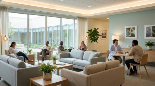 Intérieur moderne d'un centre de santé mentale. Des personnes lisent et conversent dans un espace lumineux et serein.