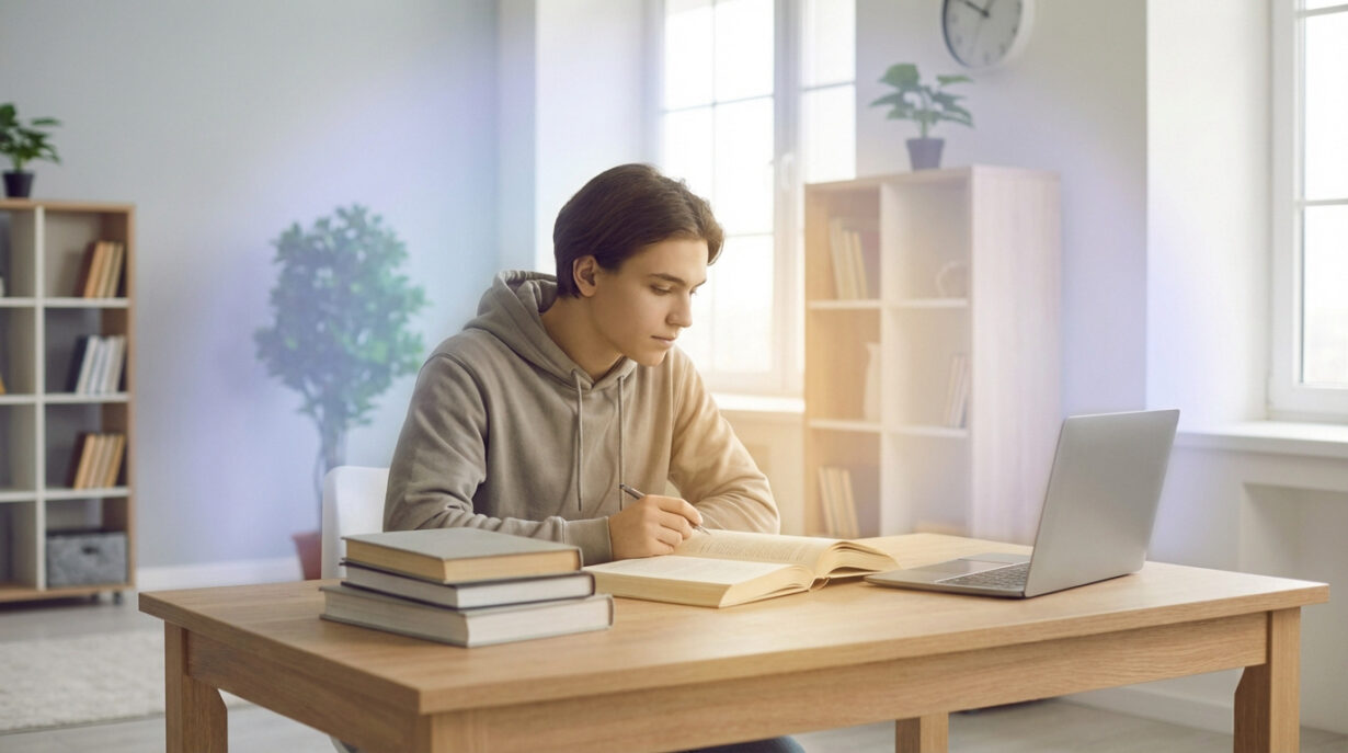 Un jeune homme étudie à son bureau, entouré de livres et d'un ordinateur portable, sous une lumière naturelle éclatante.