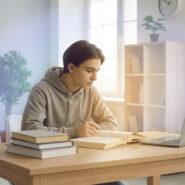 Un jeune homme étudie à son bureau, entouré de livres et d'un ordinateur portable, sous une lumière naturelle éclatante.
