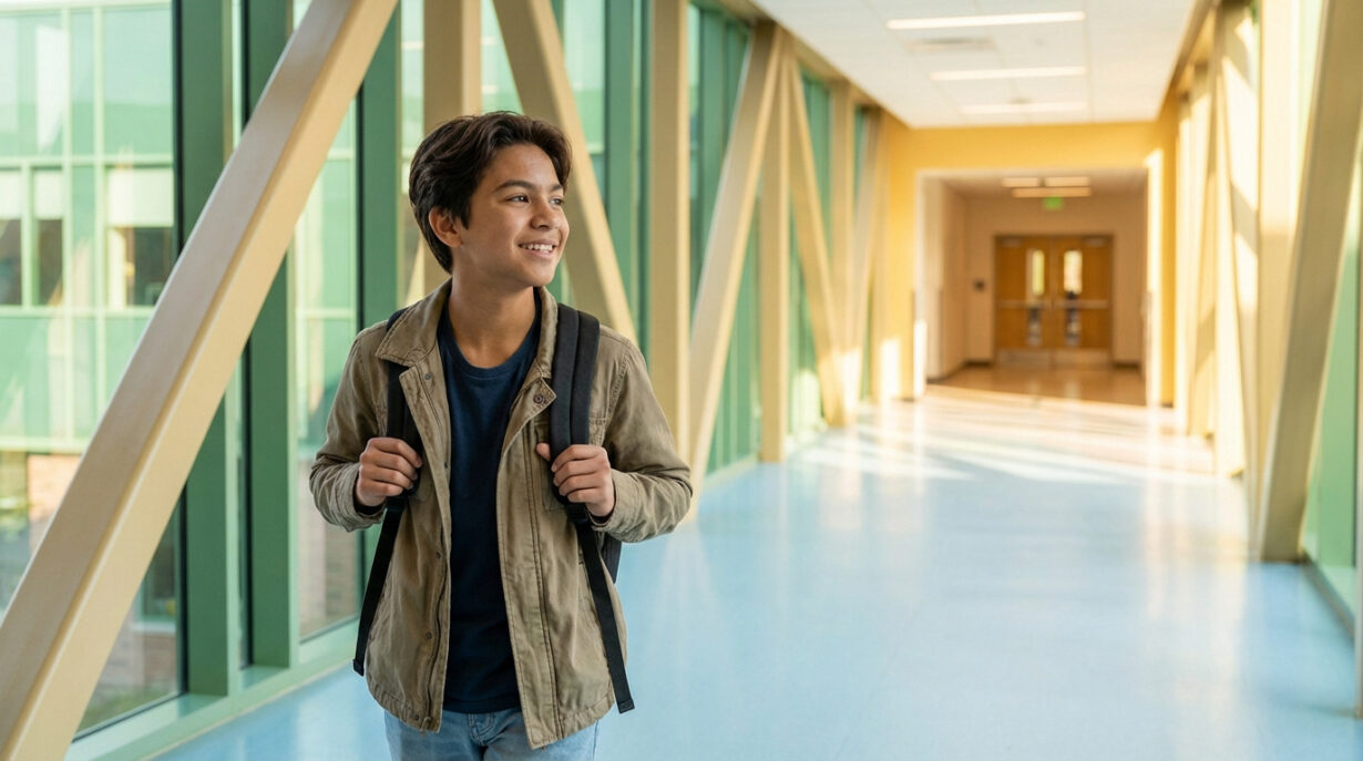 Jeune lycéen souriant avec un sac à dos, marchant dans un couloir moderne et lumineux, symbolisant un transfert réussi.