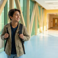 Jeune lycéen souriant avec un sac à dos, marchant dans un couloir moderne et lumineux, symbolisant un transfert réussi.
