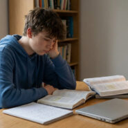 Jeune homme épuisé étudiant à son bureau avec livres, cahier et ordinateur. Symbole de fatigue scolaire.