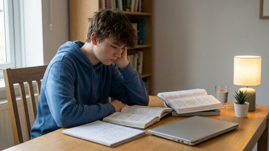 Jeune homme épuisé étudiant à son bureau avec livres, cahier et ordinateur. Symbole de fatigue scolaire.