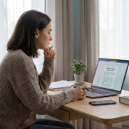 Jeune femme brune assise à son bureau, concentrée sur son ordinateur portable. Elle tient un stylo, des papiers et un livre sont sur la table.