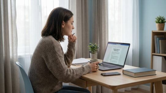 Jeune femme brune assise à son bureau, concentrée sur son ordinateur portable. Elle tient un stylo, des papiers et un livre sont sur la table.