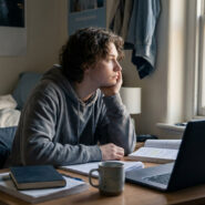 Jeune homme pensif et triste, cheveux bouclés, dans sa chambre d'étudiant désordonnée, fixant la fenêtre. Livres et laptop sur le bureau.