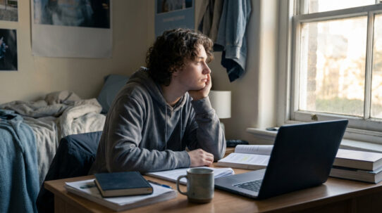 Jeune homme pensif et triste, cheveux bouclés, dans sa chambre d'étudiant désordonnée, fixant la fenêtre. Livres et laptop sur le bureau.