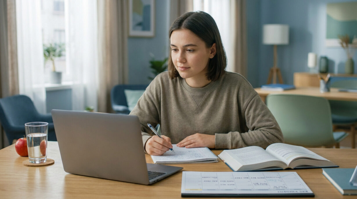 Une jeune femme étudie attentivement devant son ordinateur portable, prenant des notes. Un manuel, un agenda, une pomme et de l'eau sont sur la table.