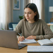 Une jeune femme étudie attentivement devant son ordinateur portable, prenant des notes. Un manuel, un agenda, une pomme et de l'eau sont sur la table.