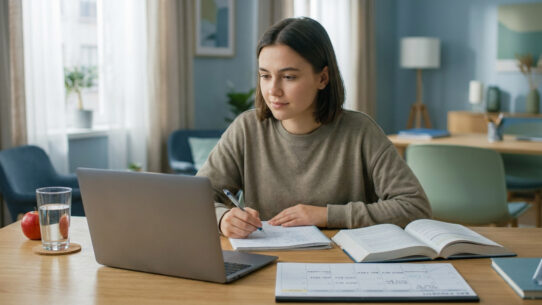 Une jeune femme étudie attentivement devant son ordinateur portable, prenant des notes. Un manuel, un agenda, une pomme et de l'eau sont sur la table.