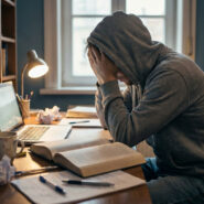 Un étudiant en hoodie gris, la tête dans les mains, accablé par ses études à un bureau encombré de livres et d'un ordinateur portable.