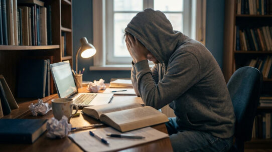 Un étudiant en hoodie gris, la tête dans les mains, accablé par ses études à un bureau encombré de livres et d'un ordinateur portable.