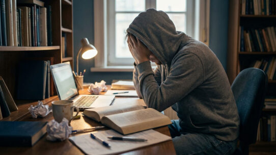 Un étudiant en hoodie gris, la tête dans les mains, accablé par ses études à un bureau encombré de livres et d'un ordinateur portable.